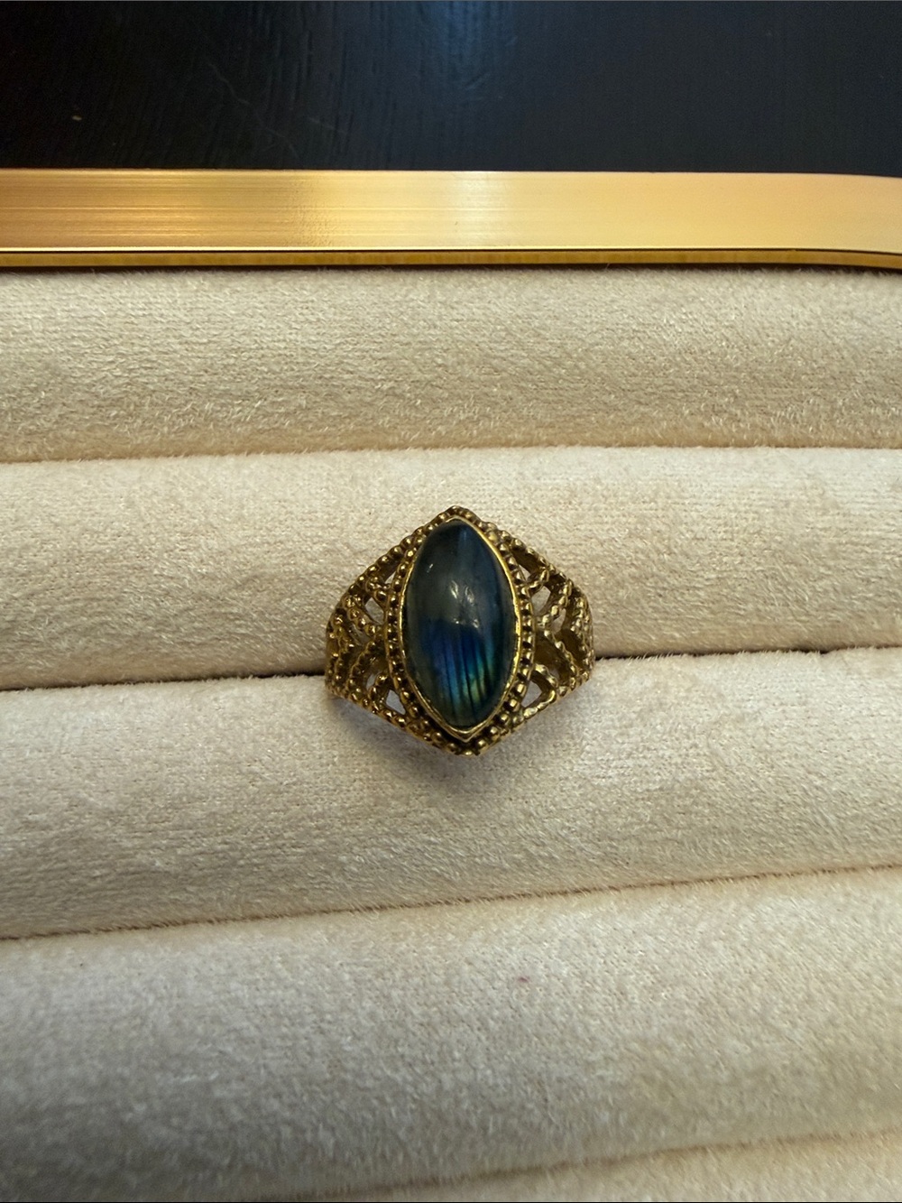 Gold Filigree Ring with Labradorite Marquise Stone